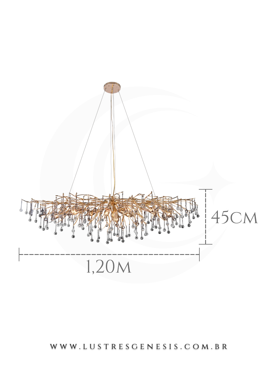 Lustre pendente de cristal moderno em formato de galho, dourado, com gotas de cristal, medindo 1,20 metros de comprimento por 45 centímetros de altura, ideal para sala de jantar, quartos e sala de estar.